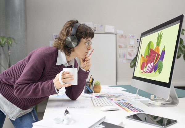Adobe concepteur de logo travaillant sur un ordinateur de bureau