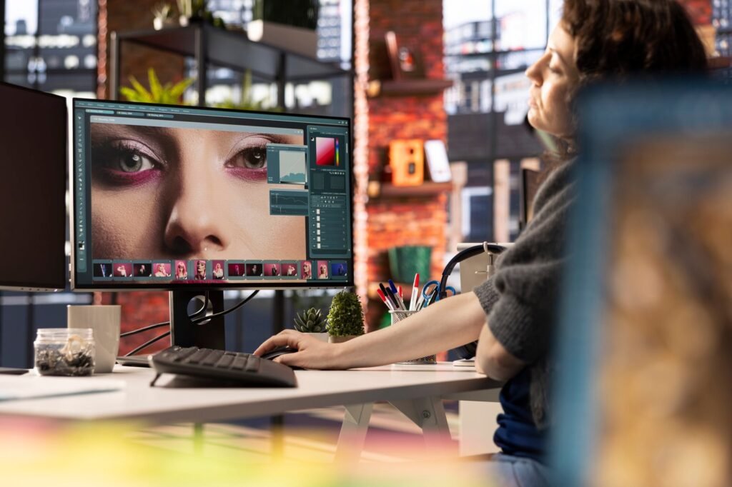 PAO expert en medias numeriques travaillant sur le montage photo avec un logiciel professionnel