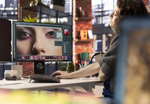 PAO expert en medias numeriques travaillant sur le montage photo avec un logiciel professionnel