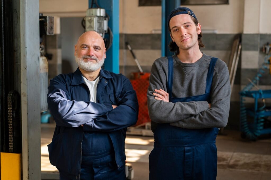 tutorat homme aide un jeune travaillant dans l atelier de reparation automobile