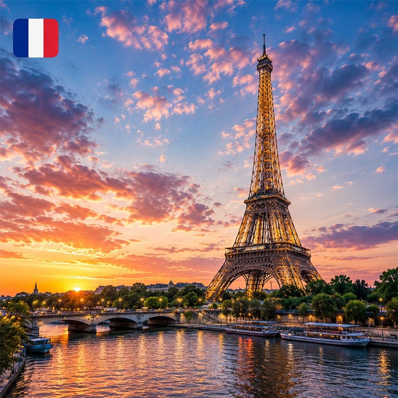 Drapeau de la France et Tour Eiffel, symbole de la formation FLE professionnel Arksos
