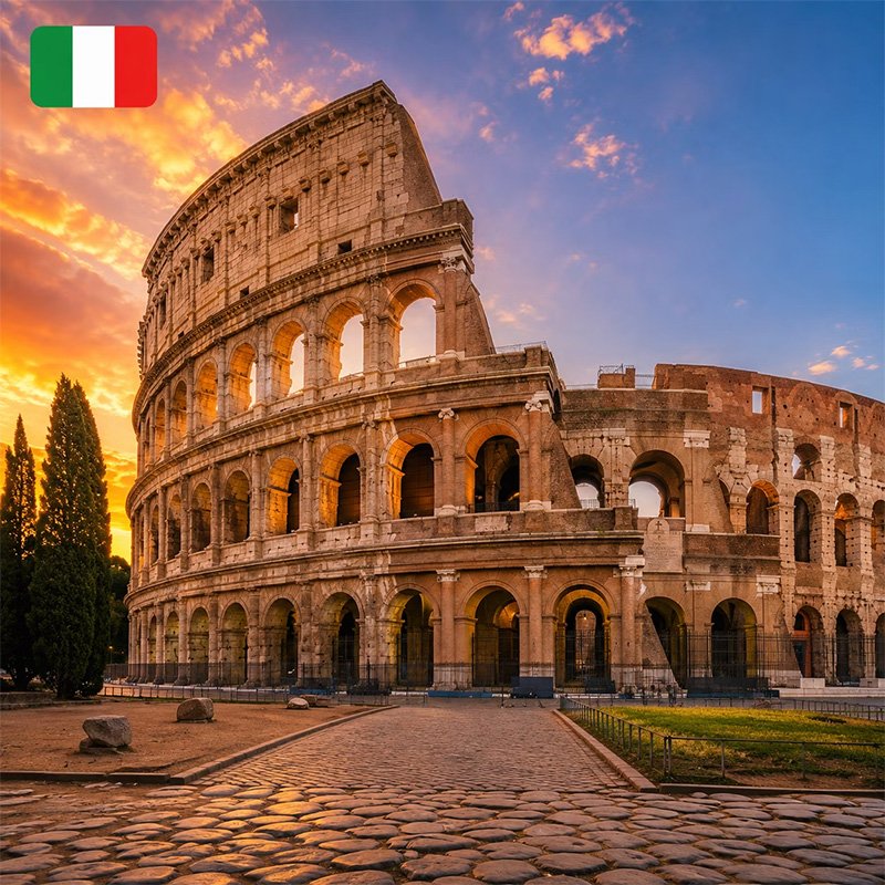Drapeau de l'Italie et Colisée, symbole de la formation italien professionnel Arksos