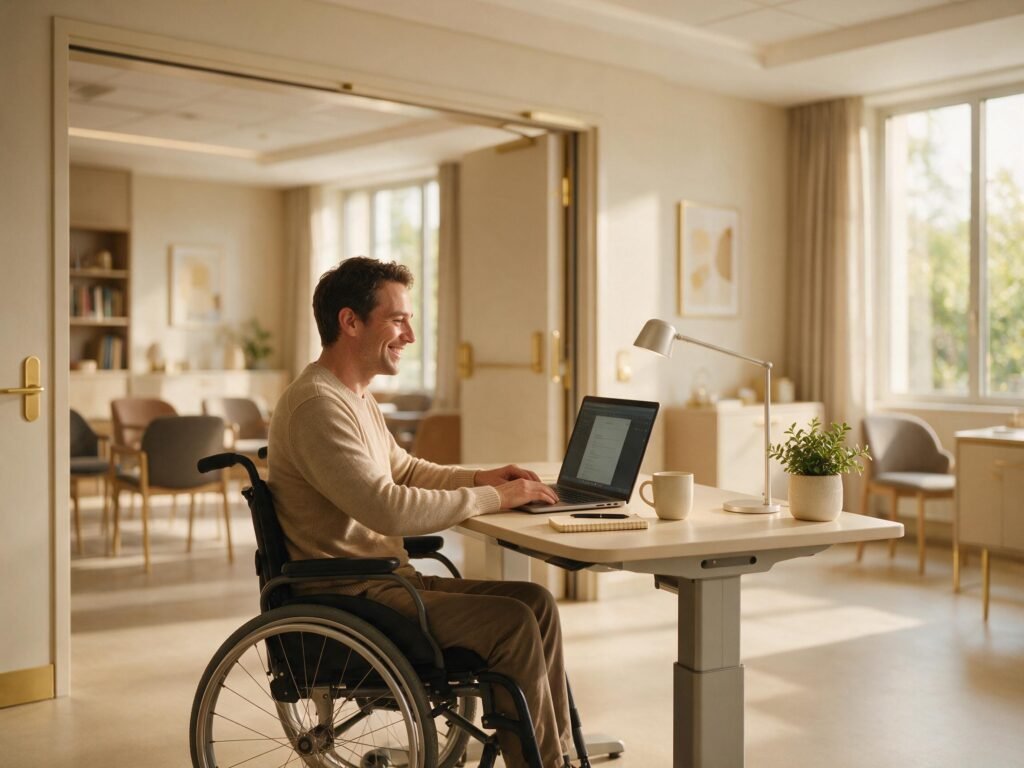 Personne en fauteuil roulant travaillant sur un bureau réglable dans une salle de formation accessible et lumineuse