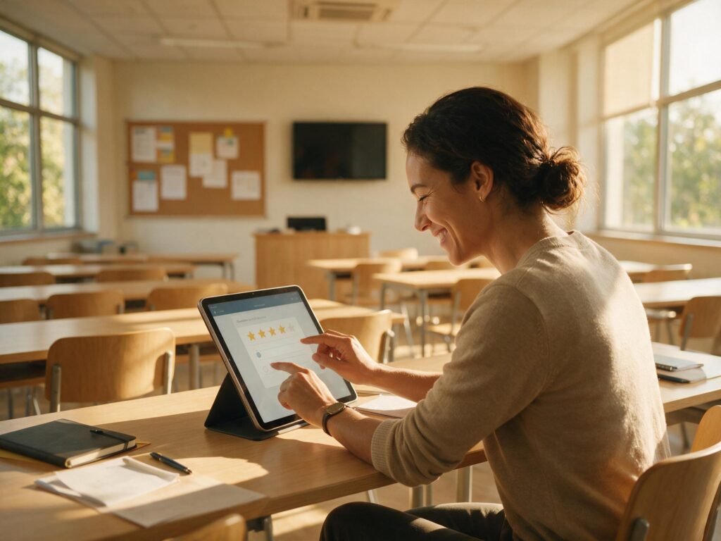 Stagiaire répondant au questionnaire de satisfaction numérique sur tablette en fin de formation
