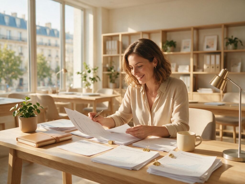 Référente qualité analysant des questionnaires de satisfaction dans un bureau lumineux